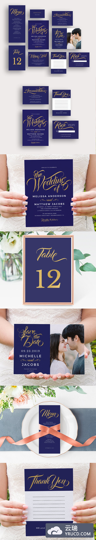 现代金蓝色婚礼邀请函模板 Modern gold blue calligraphy invites