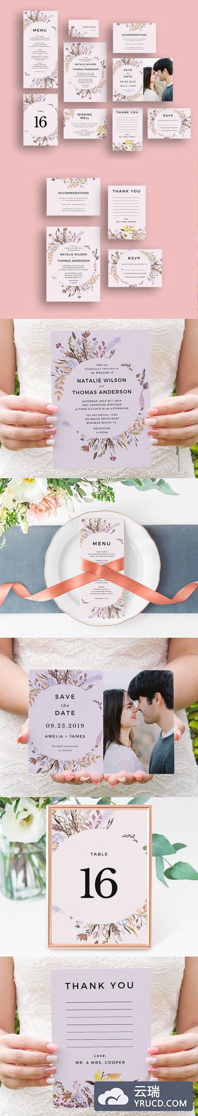 甜蜜花环婚礼邀请函模板 Sweet Floral Wreath Invitation Set