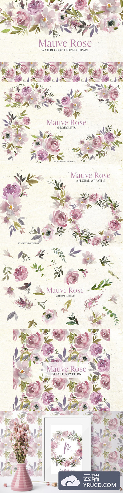 淡紫色水彩花卉剪贴画 Mauve Rose Watercolor Floral Clipart