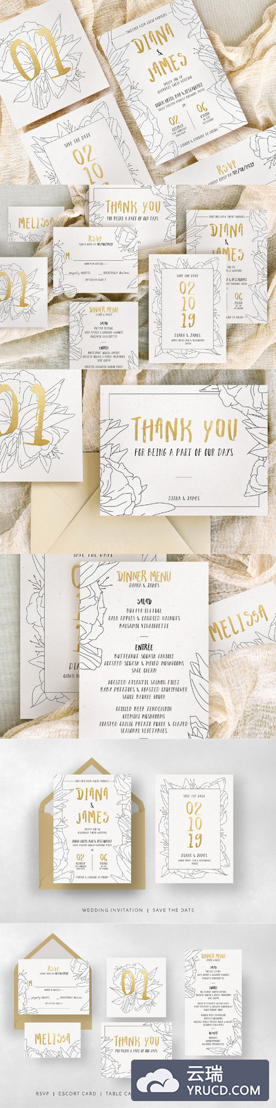 简约手绘花卉婚礼设计套装 Simple Floral Outline Wedding Suite