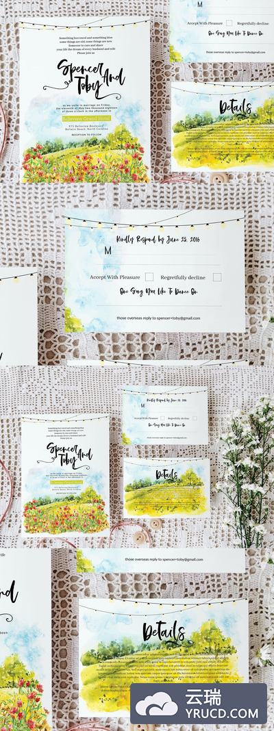时尚高端清新优雅手绘水彩优化风格的春天夏天婚礼请帖邀请函海报宣传单DM设计模板