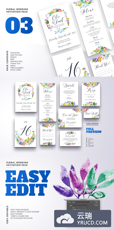 水彩花卉婚礼邀请函模板v3 Floral Wedding Invitation Set Vol.3