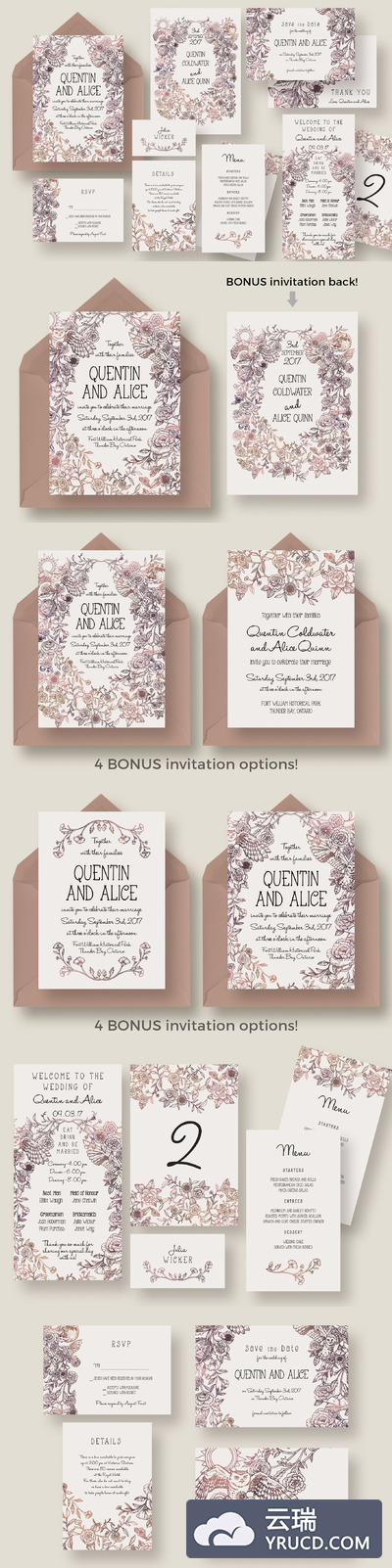 手绘花卉婚礼邀请函模板 Magical Collage Wedding Suite