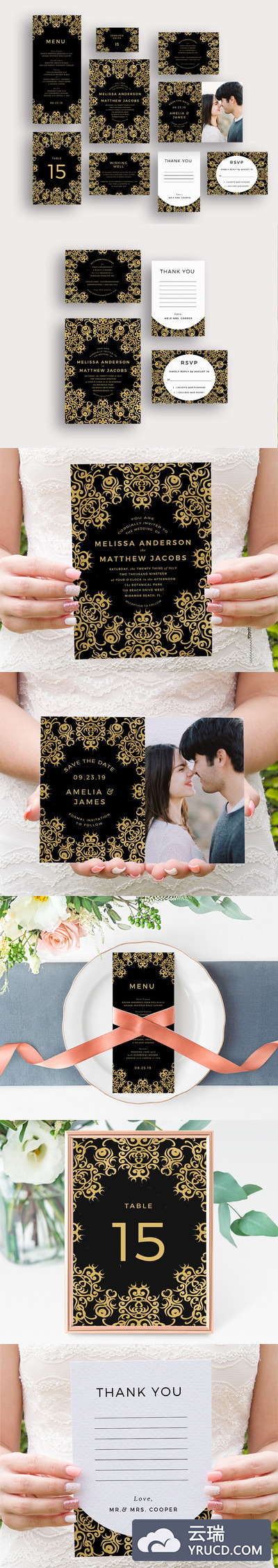 黑金装饰爱情婚礼邀请函模板 Gold Ornate on Black