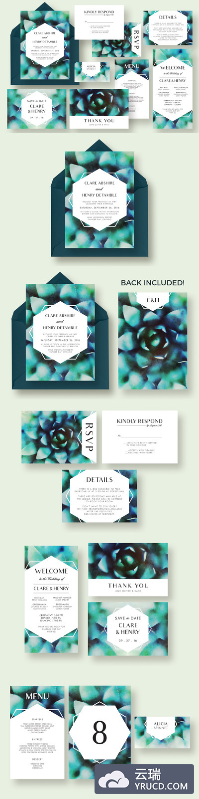 多肉植物花卉婚礼邀请函模板 Succulent Wedding Invitation Suite