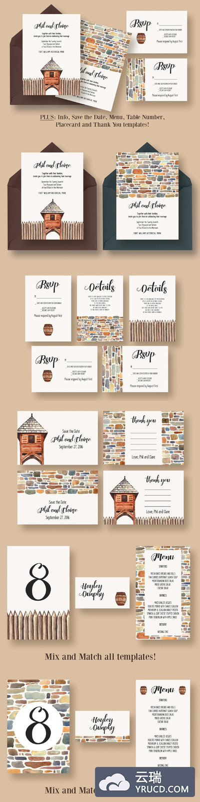 手绘婚礼邀请函模板 Historical Venue Wedding Suite