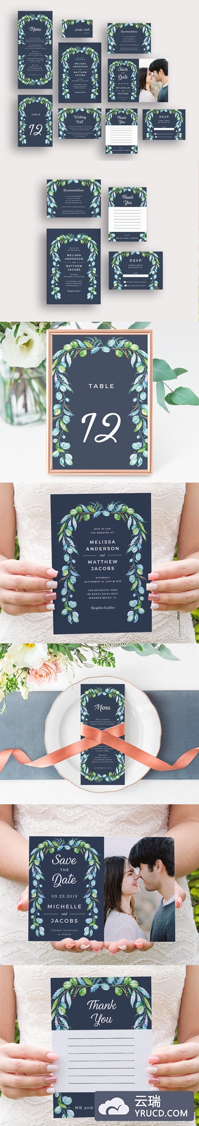 婚礼邀请函模板 Greenery Foliage Frame on Blue