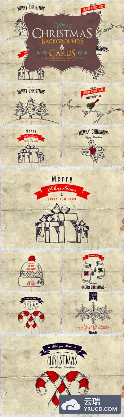 圣诞节主题卡片模板v3 Christmas Background & Cards Vol.3