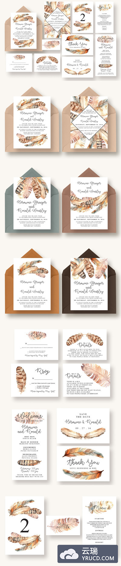 羽毛邀请函模板 Boho Feather Invitation Suite