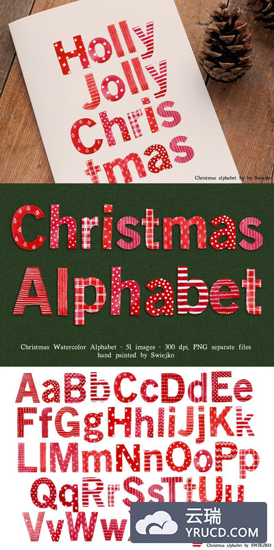 圣诞节主题风格英文字母插画 Christmas Alphabet, painted