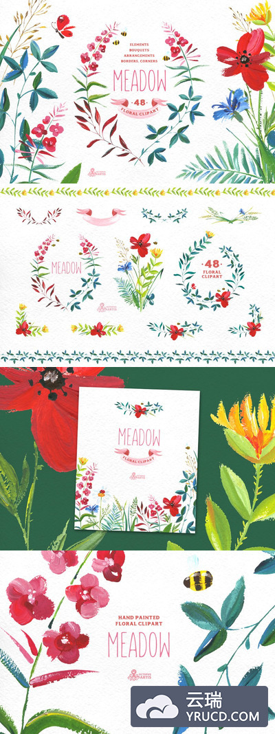 花卉手绘剪贴画 Meadow. Floral clipart