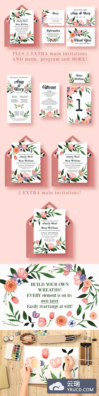 水彩花卉邀请函模板 Floral Watercolor Wedding Suite