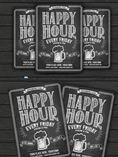 欢乐时光黑板传单 Happy Hour Chalkboard Flyer