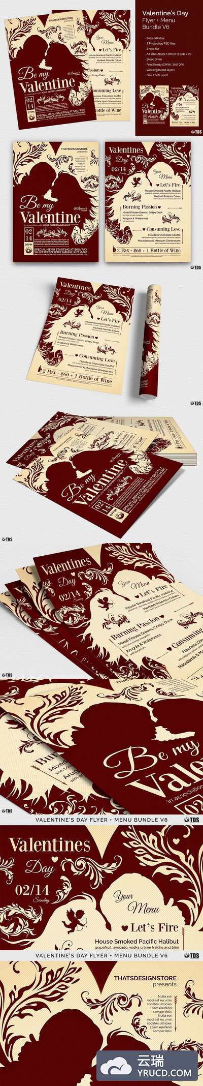 情人节菜单模板 Valentines Day Flyer+Menu PSD V6