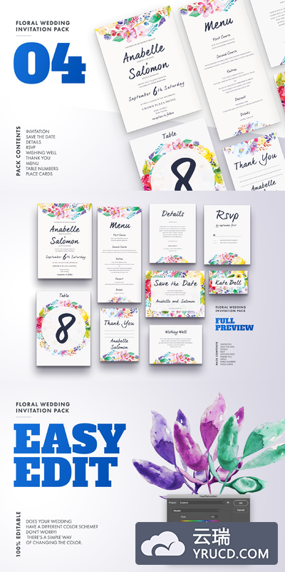 婚礼花卉邀请函模板集4 Floral Wedding Invitation Set Vol.4