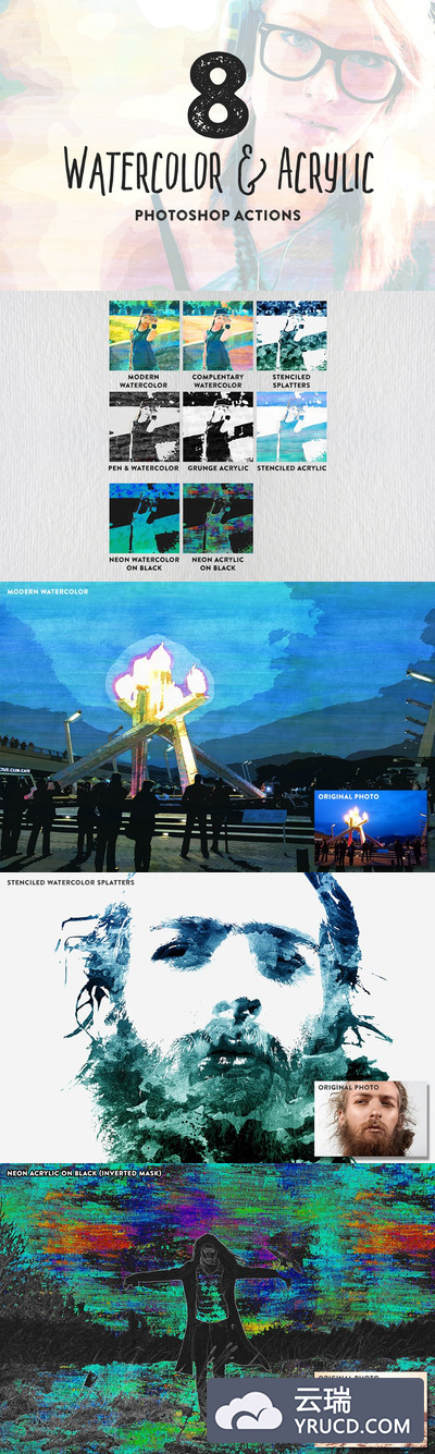水彩油画纹理图层PS动作 8 Watercolor + Acrylic Painting FX