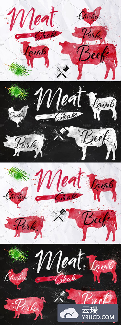 水彩肉类符号图 Watercolor Meat Silhoettes