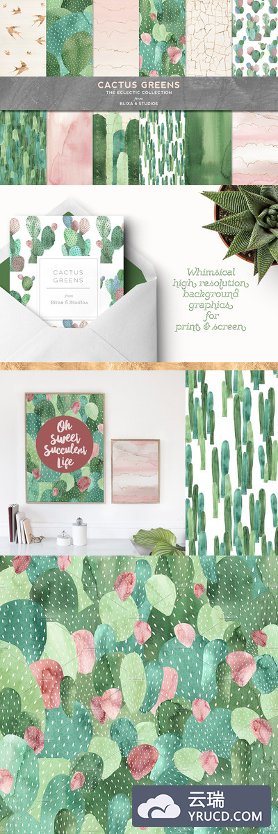 仙人掌绿色水彩图形 Cactus Greens Watercolor Graphics