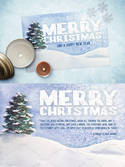 水彩冬季圣诞贺卡模板 Watercolor Christmas Card Template 1