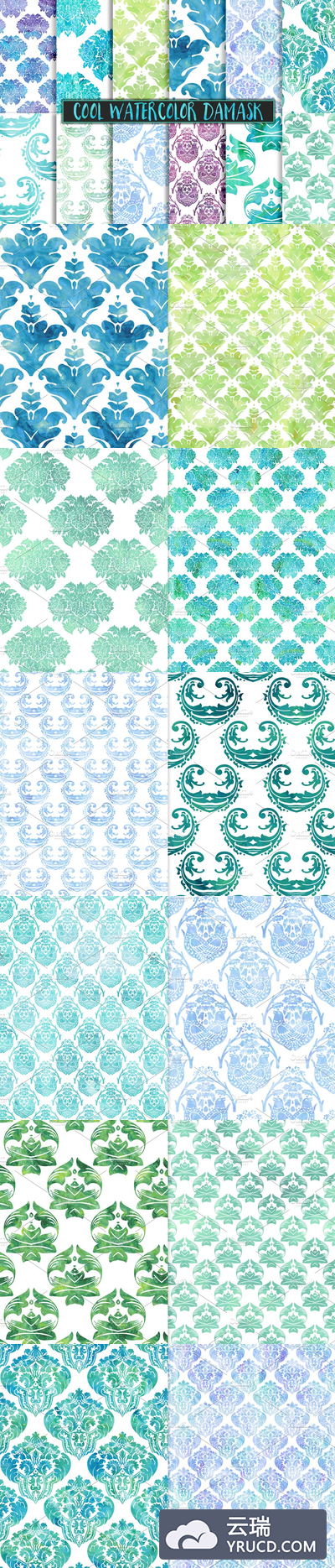 凉爽的水彩锦缎背景纹理 Cool Watercolor Damask Backgrounds