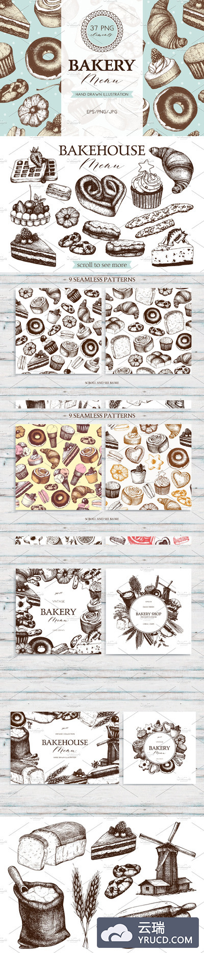 复古手绘素描烘焙菜单设计 Vintage Bakery Menu Designs & Sketch