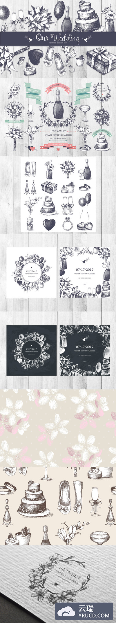 矢量素描婚礼设计元素集 Vector Wedding Design Elements Set