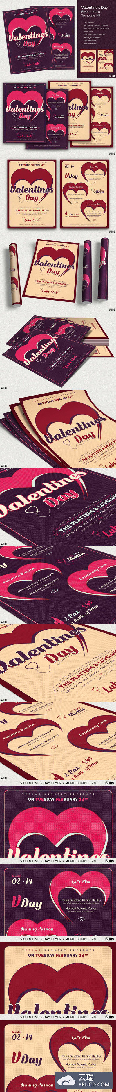 情人节海报模板v9 Valentines Day Flyer + Menu PSD V9