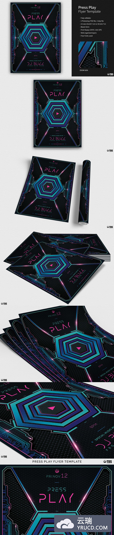 科幻游戏海报模板 Press Play Flyer PSD