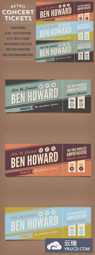 经典音乐会门票模板 Retro Concert Ticket Templates