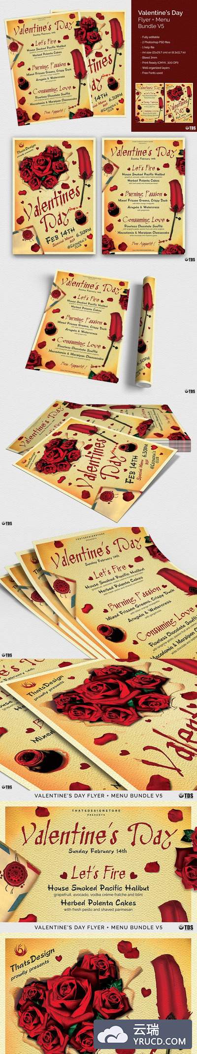情人节主题传单+菜单PSD模板V5 Valentines Day Flyer+Menu PSD V5