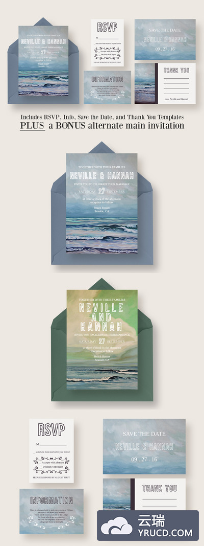 彩绘海景婚礼邀请函模板 Painted Seascape Wedding Suite