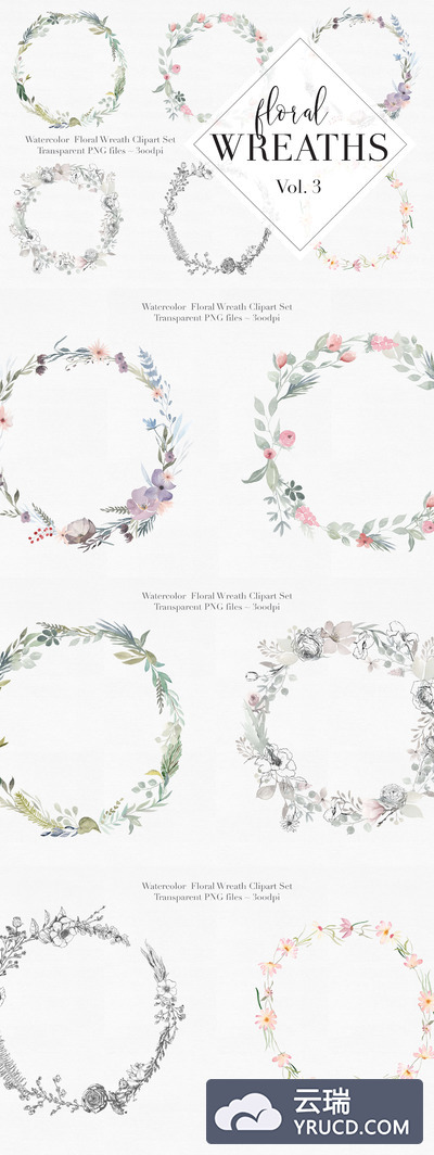 水彩花卉花环插画3 Watercolor Floral Wreaths Vol.3