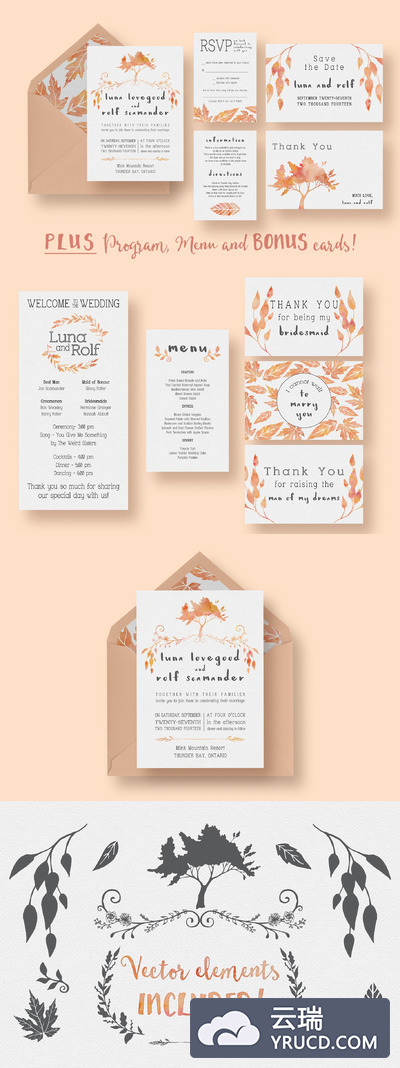 水彩婚礼邀请函模板 Watercolour Tree Wedding Suite