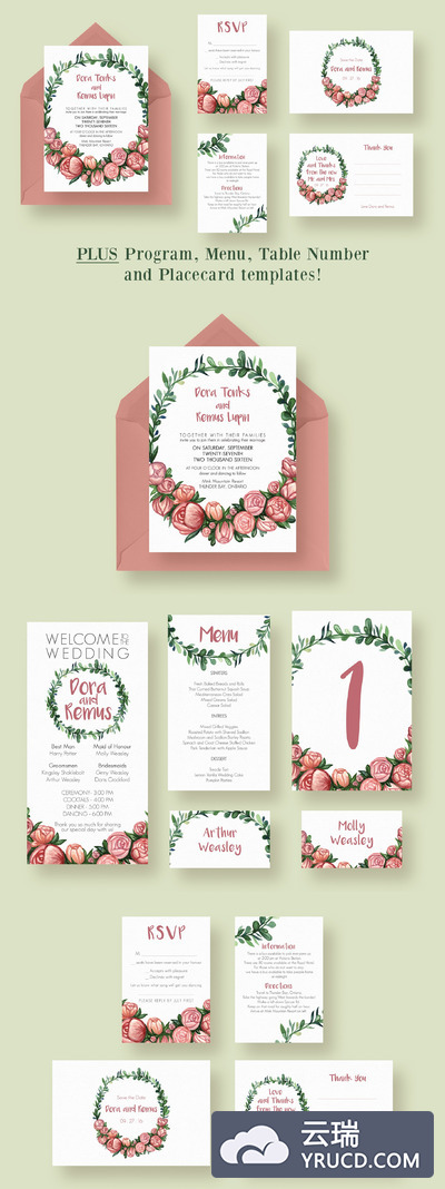 花卉元素婚礼邀请函模板 Flower Wreath Wedding Suite