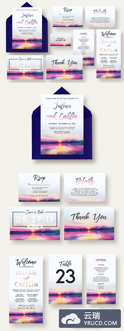 日落湖婚礼邀请函模板 Sunset Lake Wedding Invitation Suite