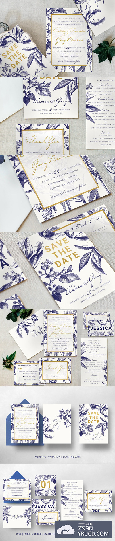 金色海军蓝婚礼邀请函模板 Gold & Navy Wedding Invitation Suite