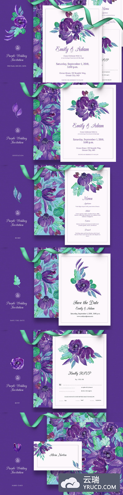 紫色结婚请柬模板集 Purple Wedding Invitation Set