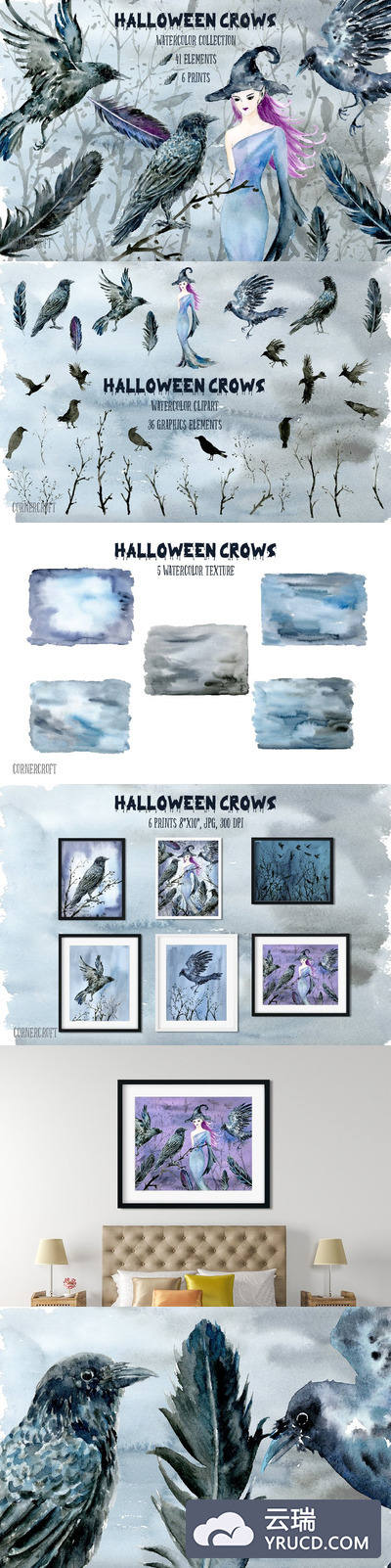 水彩万圣节女巫插画 Watecolor Halloween Crows & Witch