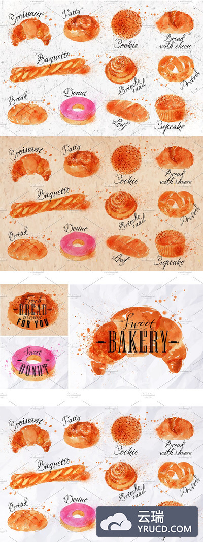 面包产品水彩插画 Bread products watercolor