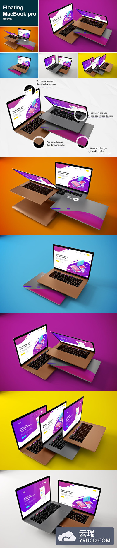 少见稀有的高品质逼真质感浮动MacBook Pro UI样机展示模型mockups