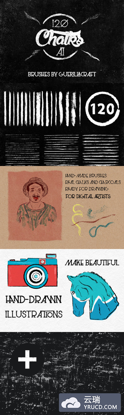 经典彩色黑板画粉笔AI笔刷 Megapack of chalks by Guerillacraft