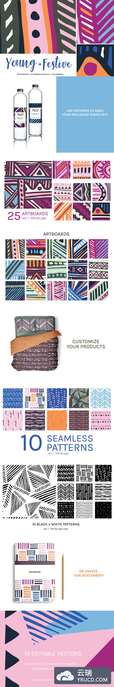 多彩抽象年轻设计线条纹理图案 Young Festive | Artboards + Patterns