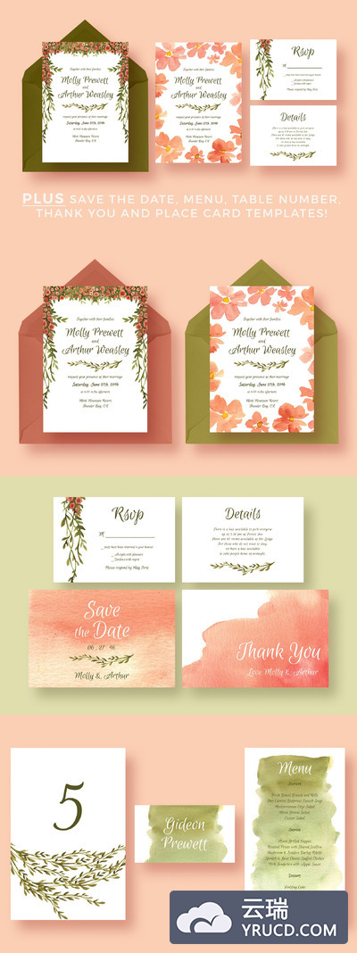 花卉花环婚礼邀请函 Floral Garland Wedding Suite