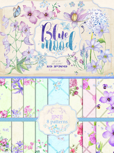 蓝色花卉插画集 Floral collection "Blue mood"