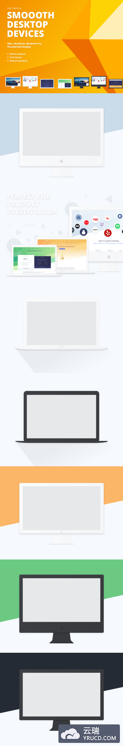 扁平化风格的MacBook和Mac等苹果电脑样机下载[Sketch]