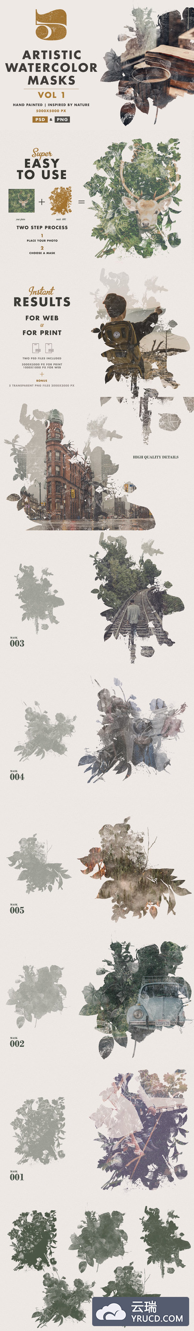 5个复古质感的时尚高端手绘水彩艺术效果集合Vol.1