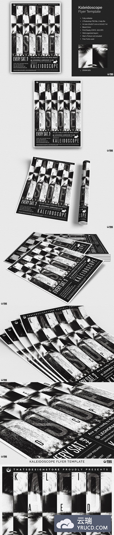 黑白电影海报PSD模板 Kaleidoscope Flyer PSD