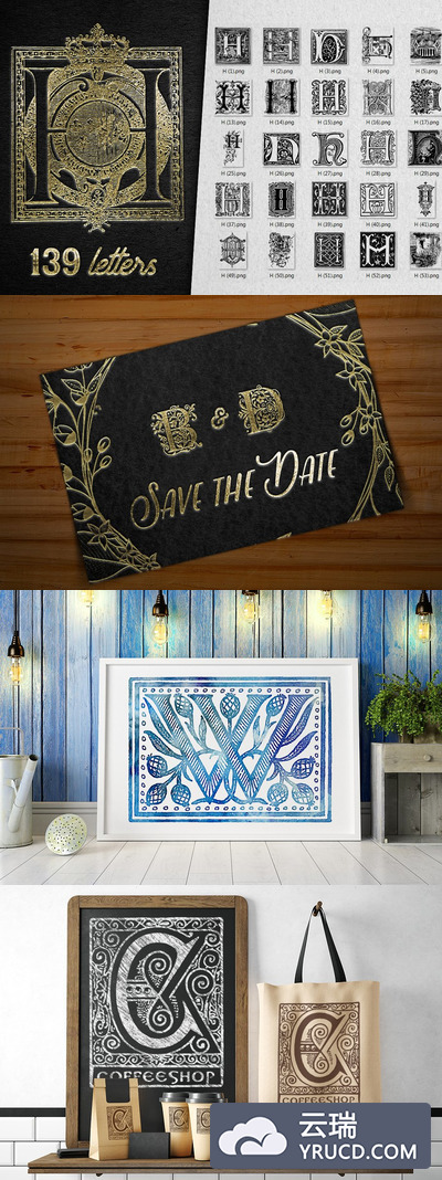 复古字母H装饰字母表 Vintage Letter H Decorative Alphabet