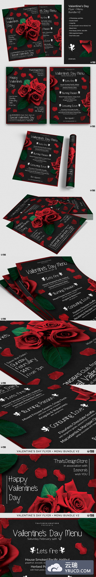 情人节传单+菜单PSD模板 V2 Valentines Day Flyer+Menu PSD V2