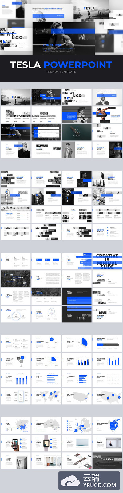 PPT | 蓝白色系76个独特幻灯片精选颜色迷人照片画廊炫酷色彩